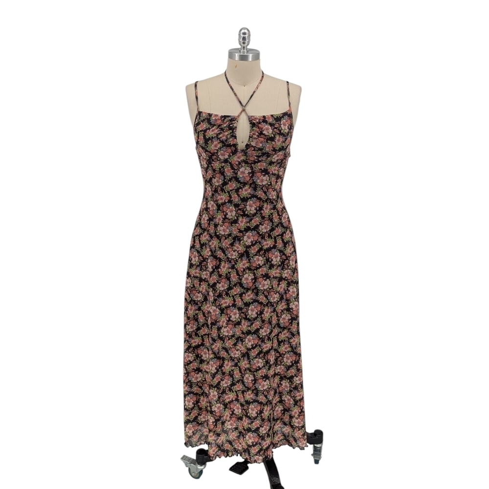 00065 Forever 21 Floral Mesh Midi Dress Black Pink Size Medium bohemian sexy